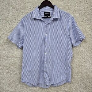 Bonobos Seersucker Shirt Mens XL Blue White Striped Slim Fit Short Sleeve Casual
